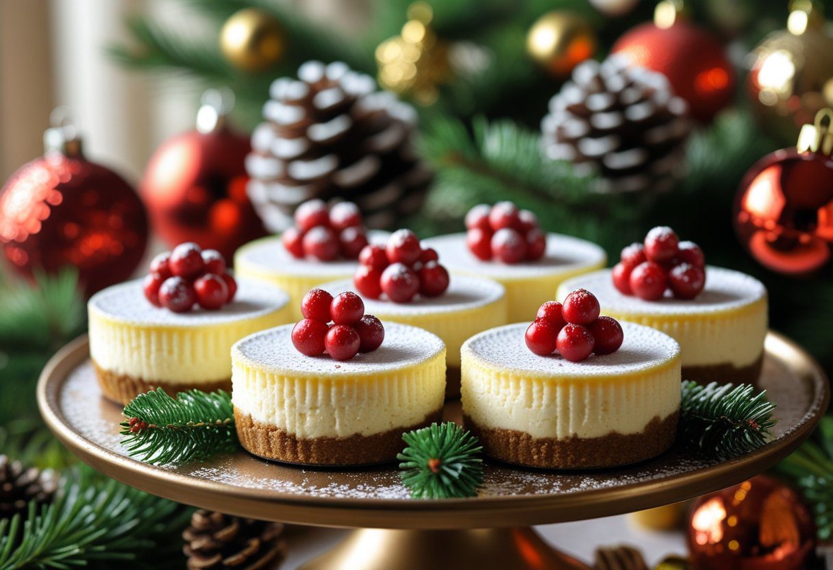 Quick Easy Grinch Mini Cheesecakes on holiday dessert platter, vibrant green filling with whipped cream and red candy hearts for Christmas party treats