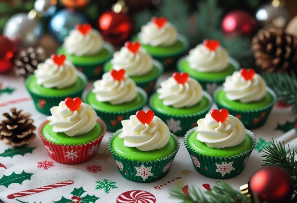Quick Easy Grinch Mini Cheesecakes with green creamy filling, whipped cream topping, and red heart candy, perfect festive holiday dessert for Christmas parties
