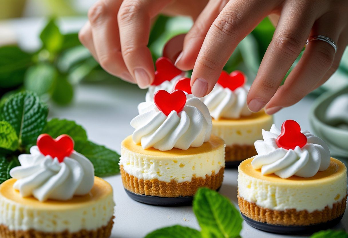 Quick Easy Grinch Mini Cheesecakes with whipped cream and red heart candy, festive Christmas dessert ready to serve