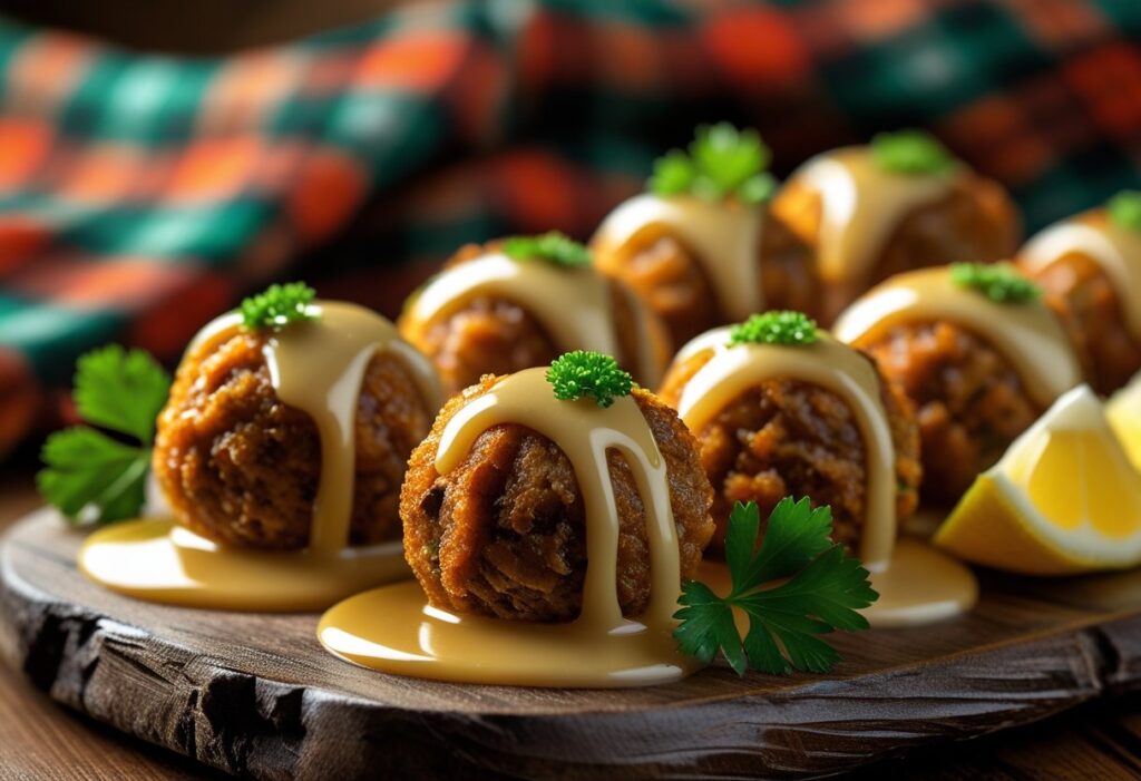 Quick Haggis Bon Bons Recipe Whisky Sauce Magic – golden-brown crispy haggis balls with creamy Scotch whisky sauce and parsley garnish on rustic wooden platter for Burns Night appetizers
