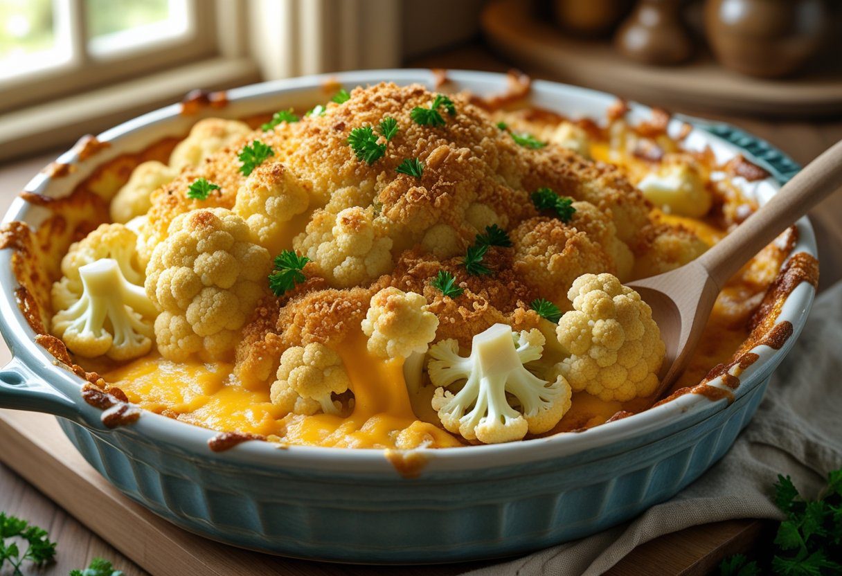 Quick oven roasted cauliflower cheese recipe with gooey cheddar and crispy breadcrumb topping, ready to serve as a family-friendly comfort food side dish
