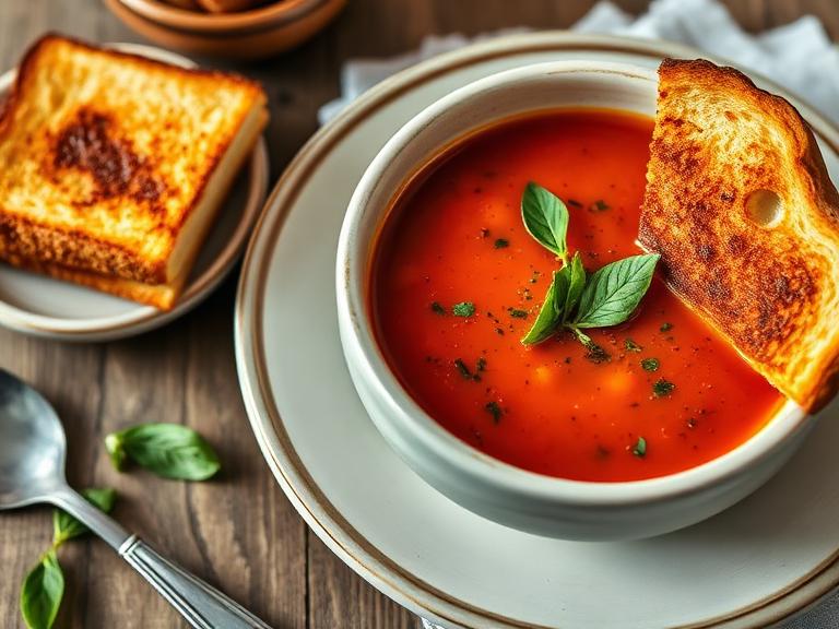 Roasted tomato & basil soup served with a golden grilled cheese sandwich, showcasing a comforting and easy homemade meal idea.