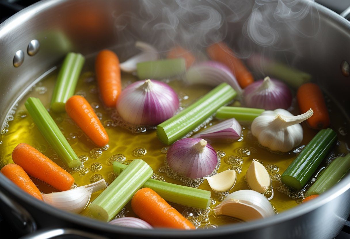 Sautéed aromatics for mushroom soup without cream, including onions, garlic, and carrots in olive oil, step in healthy easy recipe preparation