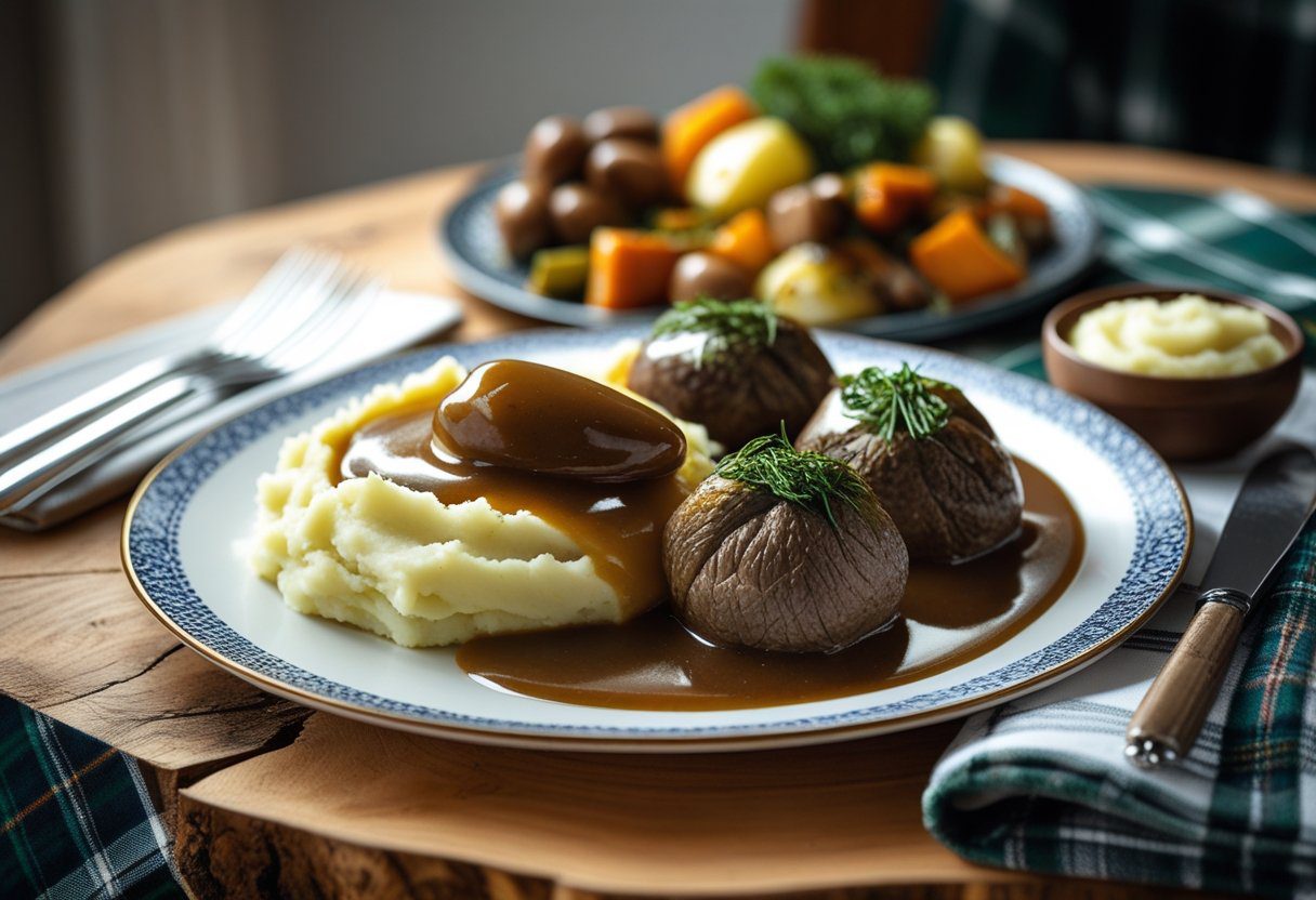 Scottish Beef Olives with mashed potatoes, roasted vegetables, and brown gravy, illustrating a simple, quick, and tasty home-cooked comfort food meal.