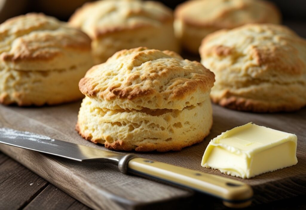 Scottish potato scones on wooden cutting board with butter, close-up, traditional easy recipe for breakfast