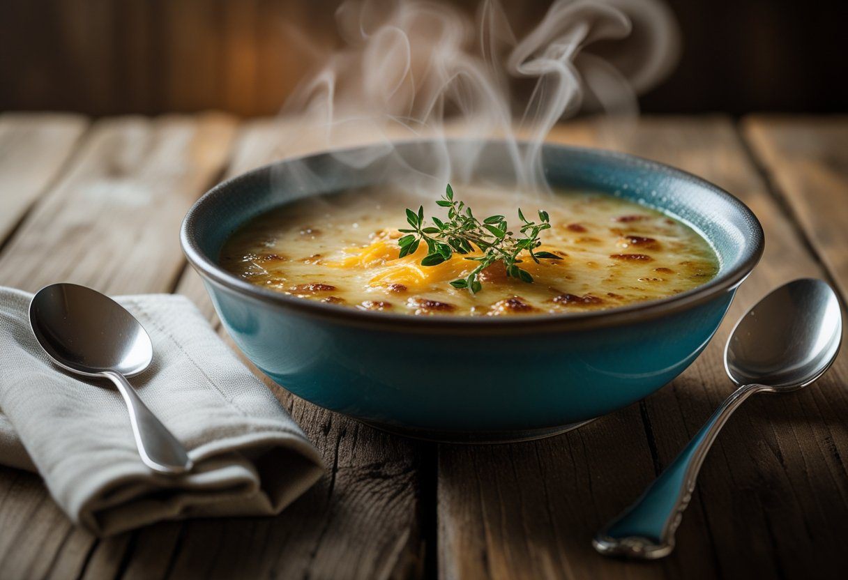 Served Easy French Onion Soup in rustic bowls with melted Gruyère cheese and toasted baguette, garnished with thyme, cozy homemade meal.