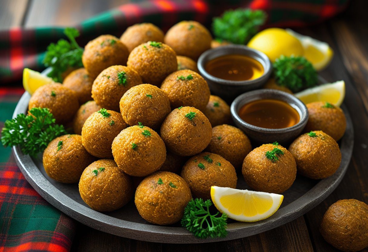 Serving Quick Haggis Bon Bons Recipe Whisky Sauce Magic – golden crispy haggis balls with whisky dipping sauce and parsley garnish on wooden platter for Burns Night.