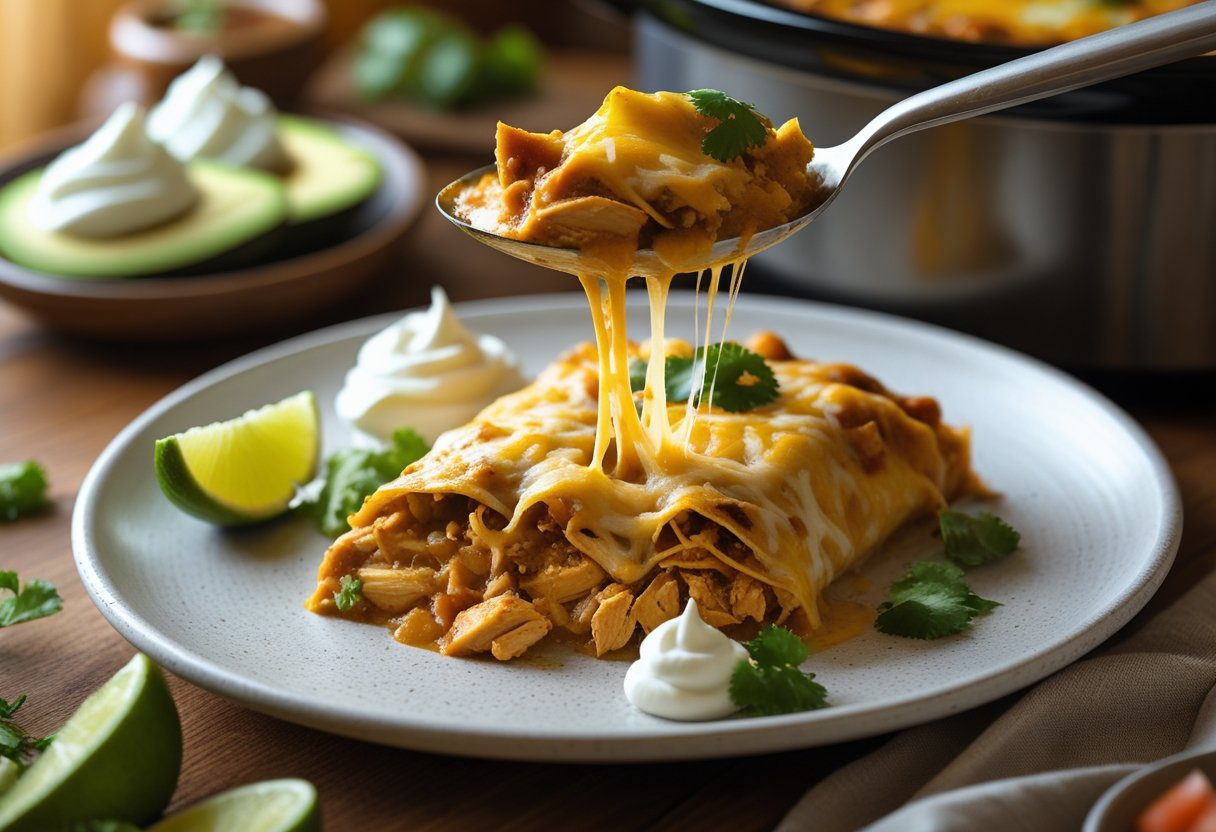 Serving slow cooker chicken enchilada casserole with cheese pull, sour cream, avocado, and lime for a family-friendly weeknight dinner