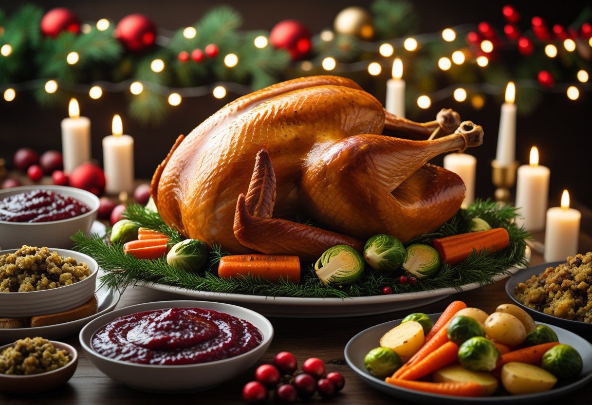 Simple whole turkey roasting on buffet table