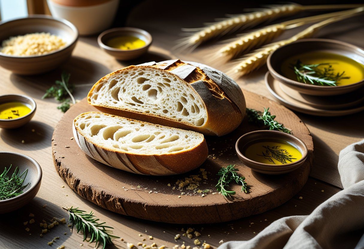 Sliced Bread Boule no-knead loaf served with olive oil and herbs, soft fluffy crumb and crusty exterior, perfect homemade artisan bread.