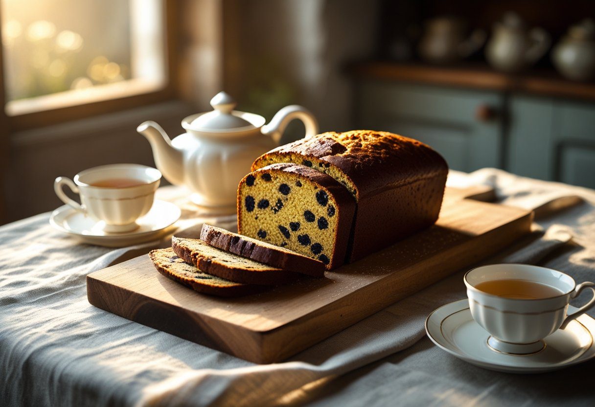 Sliced Scottish fruit loaf served for tea time, showcasing traditional tea bread with dried fruit and soft spiced interior, authentic home bake experience.