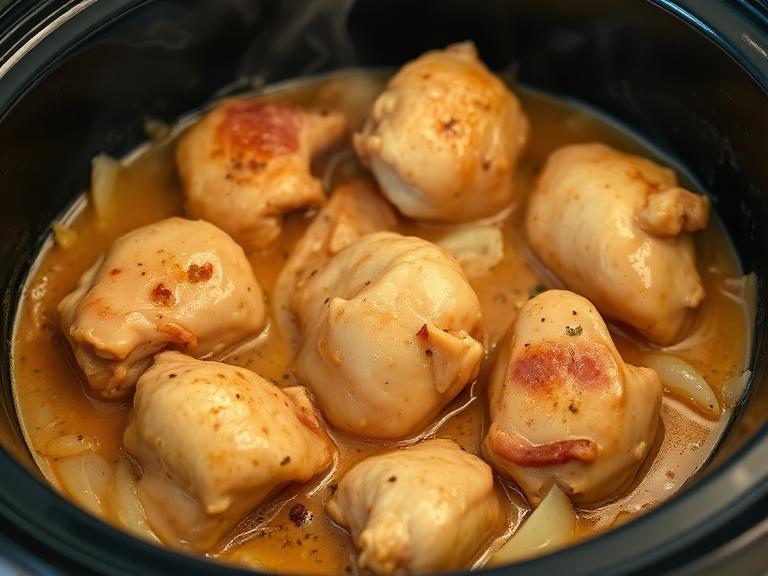 Slow cooker chicken chasni mid-cooking with tender chicken thighs in creamy sweet-tangy curry sauce, homemade slow-cooked Indian-style curry preparation.”