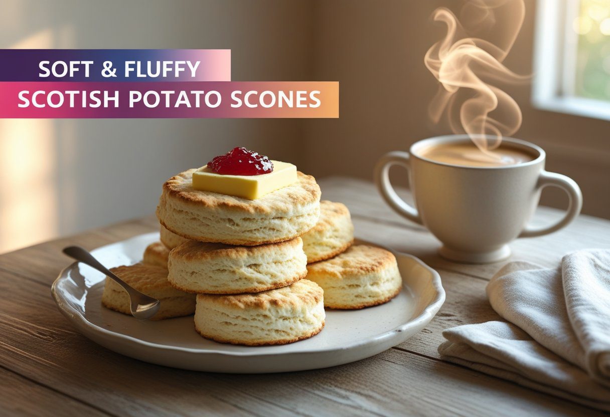 Scottish potato scones on wooden cutting board with butter, close-up, traditional easy recipe for breakfast