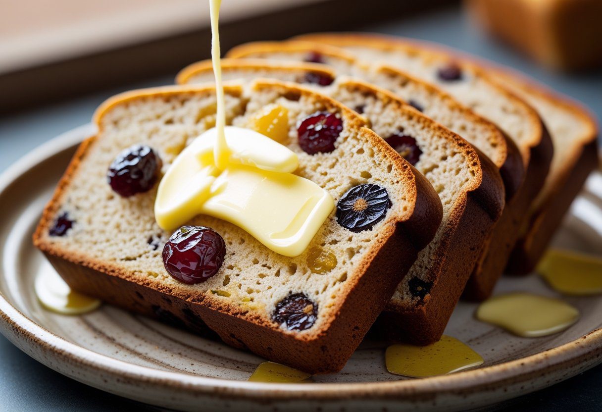 Soft, moist Scottish fruit loaf slices with currants and sultanas, showcasing authentic tea bread fruit loaf texture from my gran’s recipe.