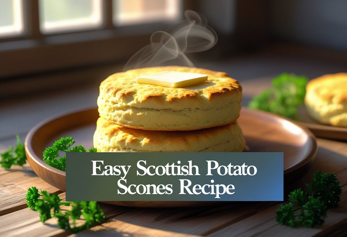 Stack of golden Scottish potato scones with melting butter on a rustic wooden plate, morning light, fresh parsley garnish, easy potato scones recipe breakfast idea.