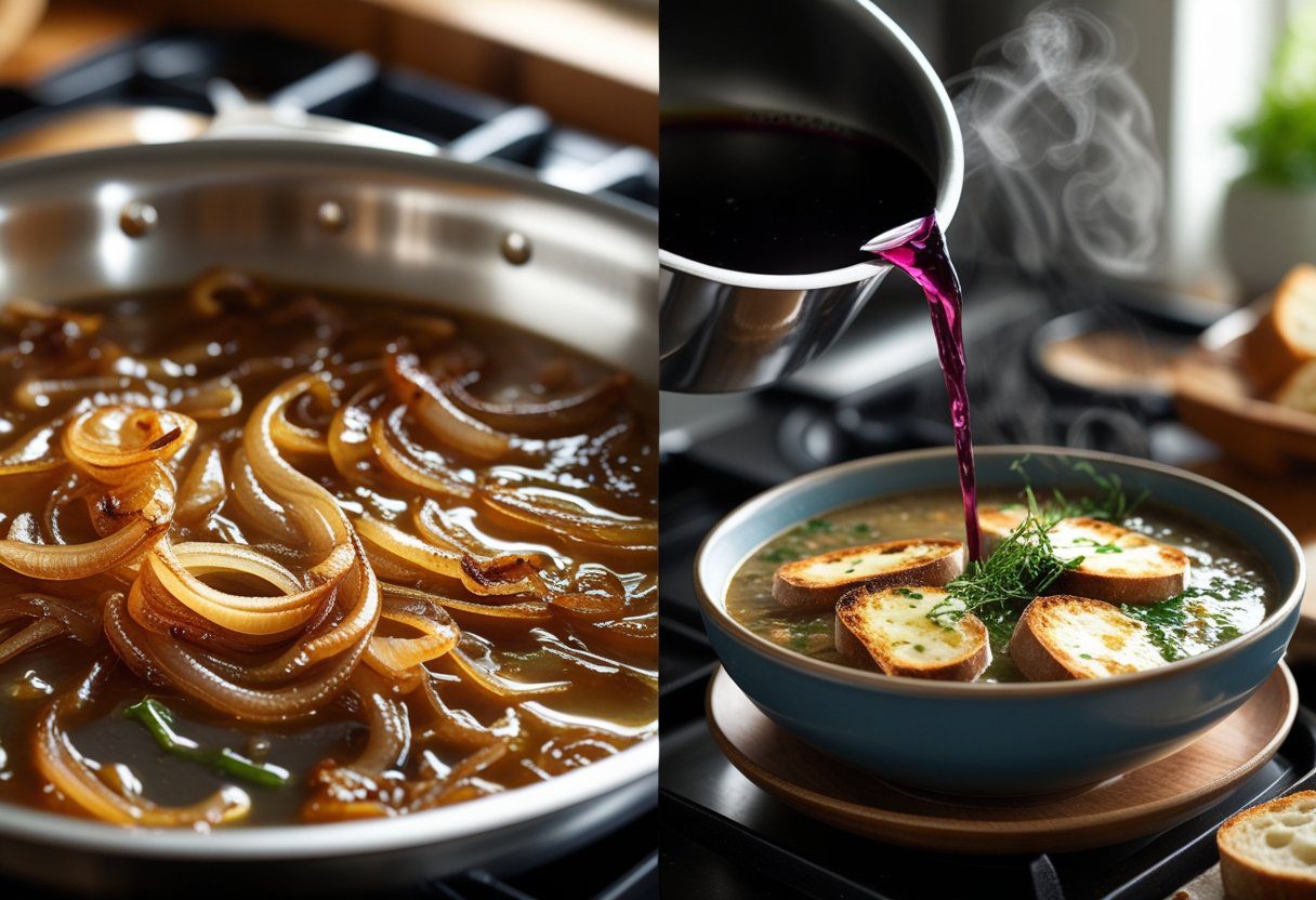 Step-by-step guide for Easy French Onion Soup Foolproof Recipe in Minutes – caramelized onions, wine deglazing, simmering soup, melted cheese topping, easy home cooking.