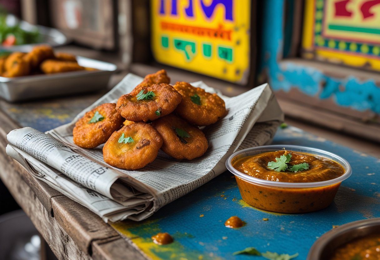 Street style pakora sauce red chilli dip served with crispy pakoras at a food stall