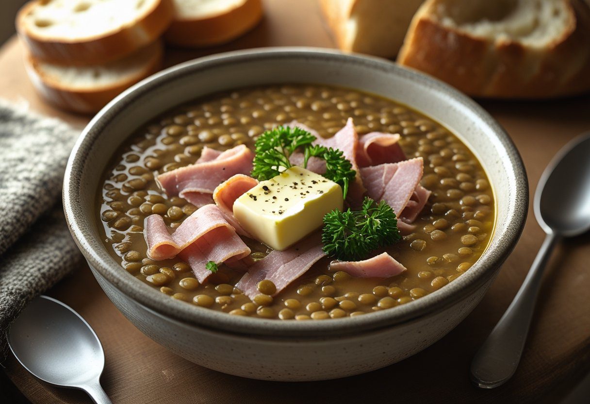 Thick Scottish lentil soup with shredded ham hough served with crusty bread in a cozy rustic Scottish setting.
