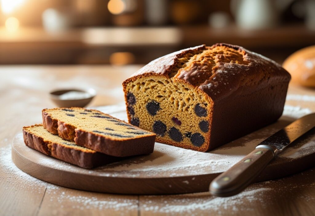 Traditional Scottish fruit loaf fresh from the oven, golden crust with soft spiced fruit interior, perfect authentic home bake for tea time.