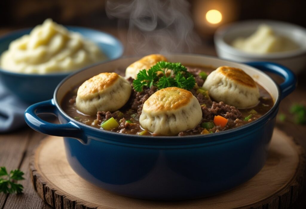 “Traditional Scottish mince and dumplings in a rustic pot with fluffy suet dumplings,