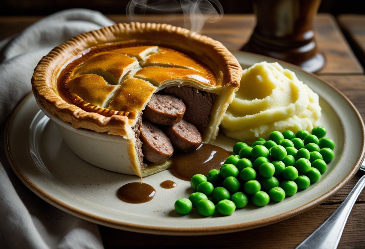 Traditional serving of steak and sausage pie Scottish recipe with mashed potatoes and vegetables for a hearty meal