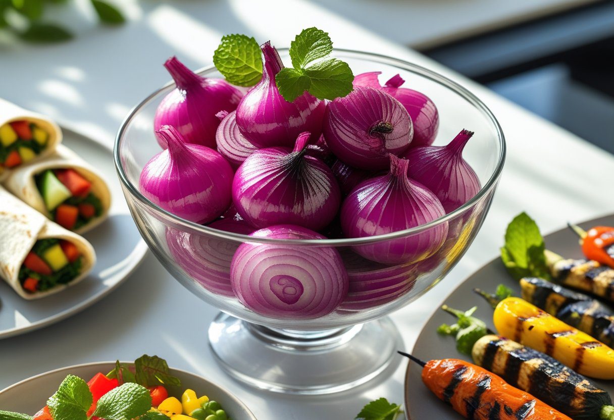 Vegan Scottish takeaway spiced onions in a glass bowl, coated in ketchup and mango chutney, served with vegan wraps and grilled vegetables for a healthy curry side dish