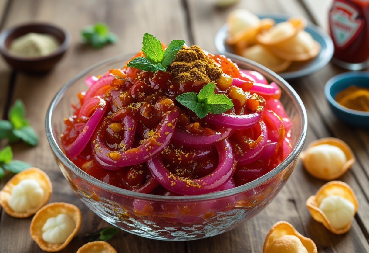 authentic UK takeaway-style Scottish spiced onions in a glass bowl with bright red sauce, garnished with mint, served with crispy poppadoms for a classic curry side dish.