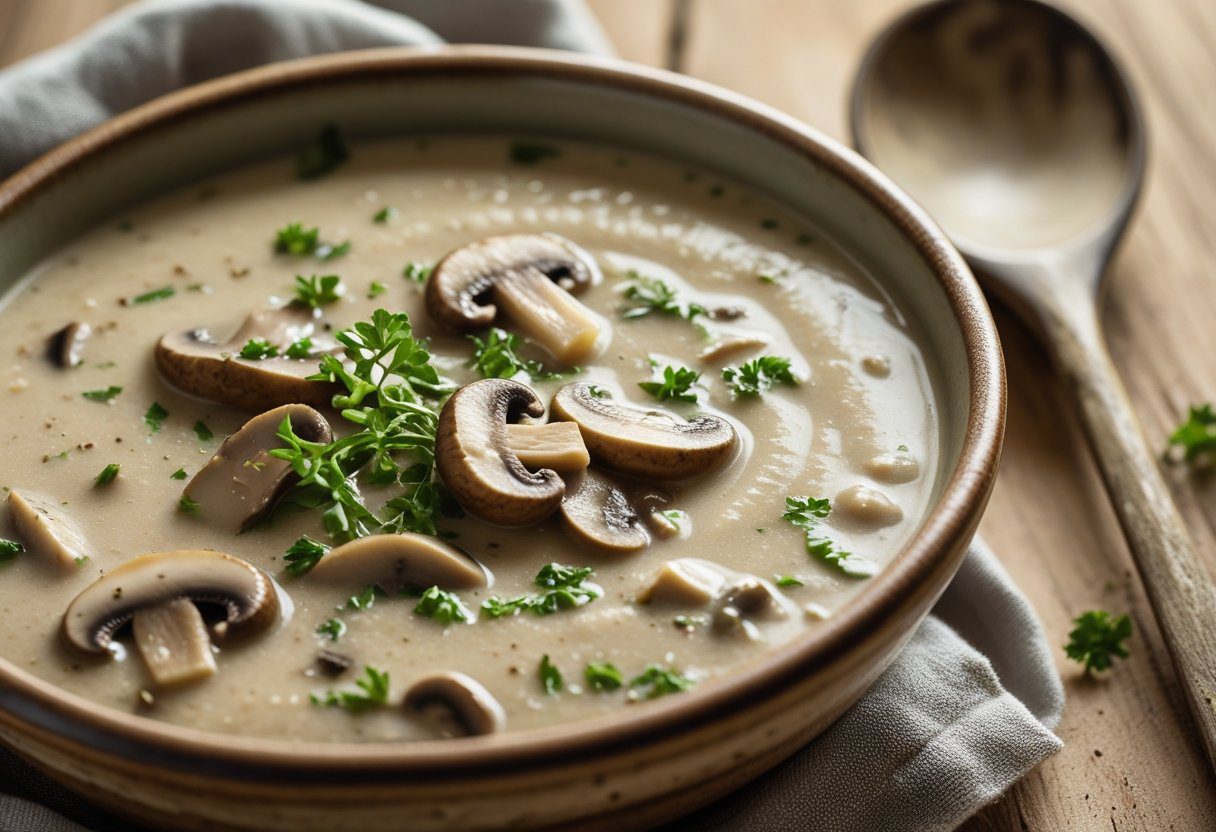 creamy texture mushroom soup without cream with fresh mushrooms and herbs, visually showing rich and healthy easy recipe