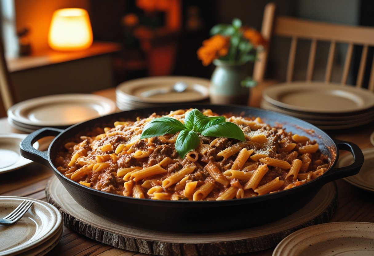 creamy tomato beef pasta served in a skillet, easy family-friendly pasta dinner for busy weeknights.