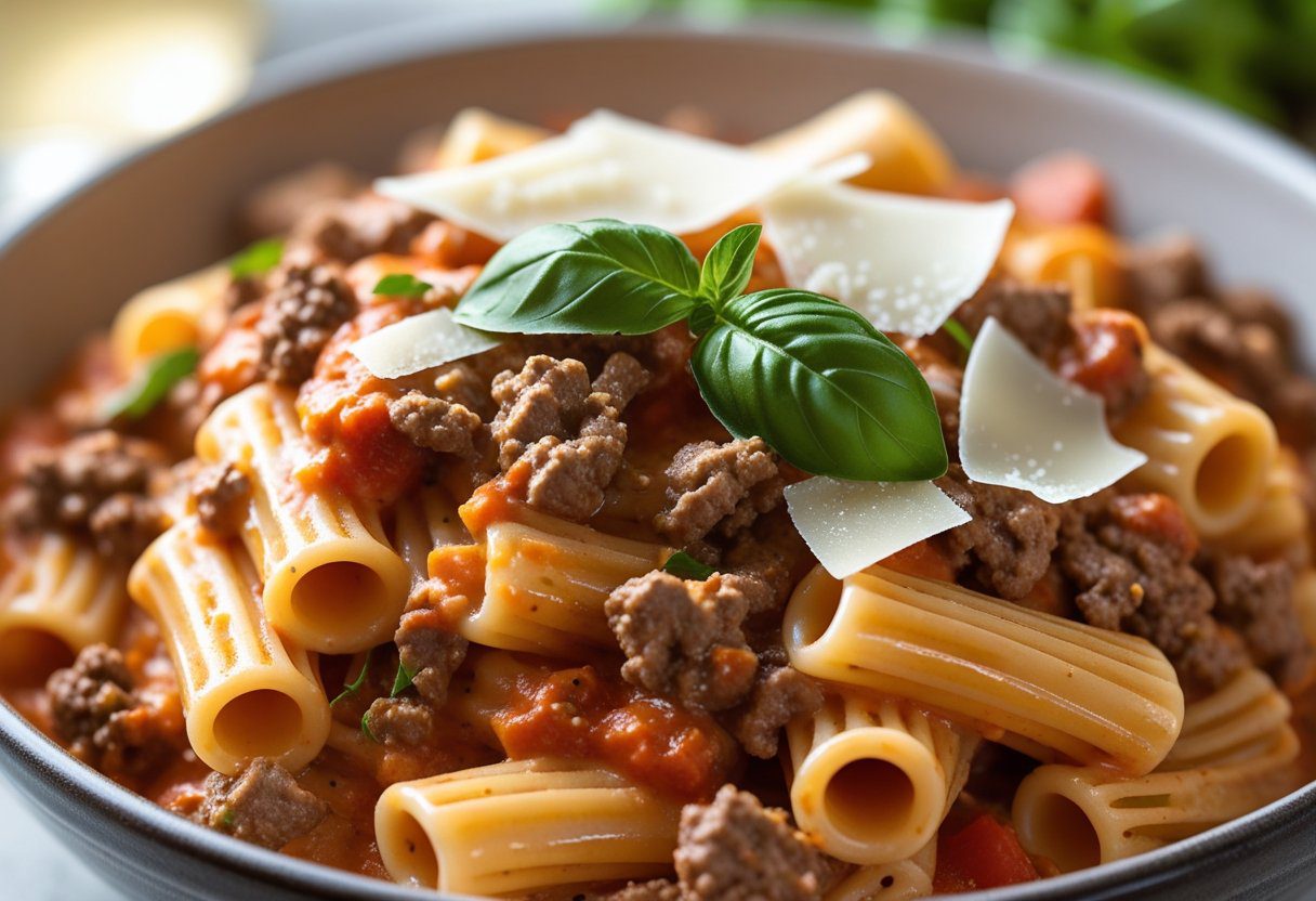 creamy tomato beef pasta with ground beef, Parmesan cheese, and basil, a comforting Italian-style pasta dinner.