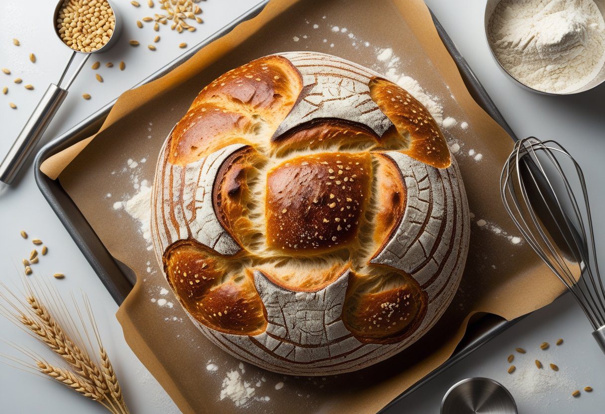 golden no-knead Bread Boule on parchment, surrounded by flour and baking tools, showing artisan homemade loaf texture.