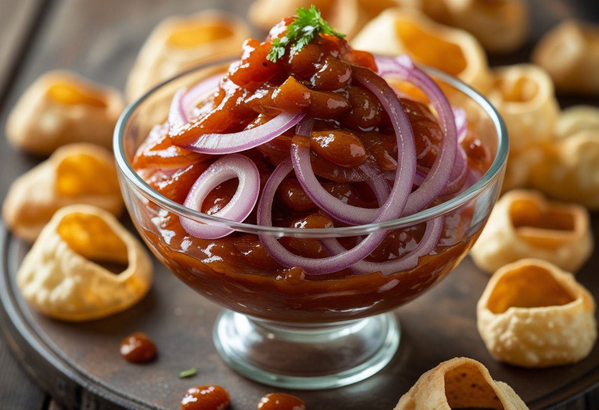 homemade Scottish curry house red onions in a white bowl with ketchup, mango chutney, and spices, ready as a tangy takeaway-style side dish.