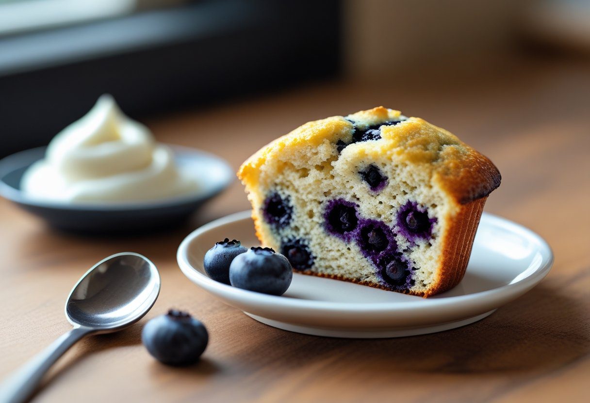 moist keto blueberry muffin with yogurt cut open, showing juicy blueberries and soft texture for low-carb breakfast or snack