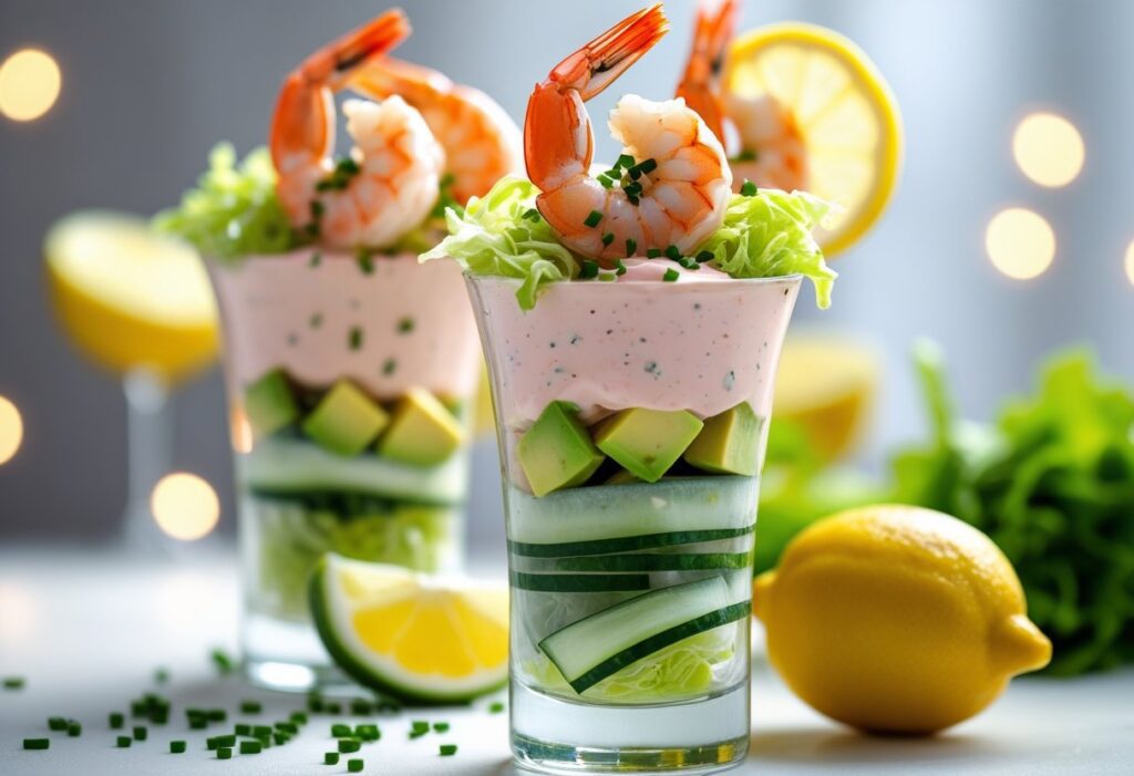 prawn cocktail salad with Marie Rose sauce, avocado, lettuce, and cucumber in a tall glass, garnished with chives and lemon wedge, ready to impress guests