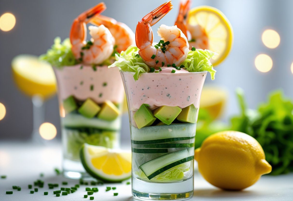 prawn cocktail salad with Marie Rose sauce, avocado, lettuce, and cucumber in a tall glass, garnished with chives and lemon wedge, ready to impress guests
