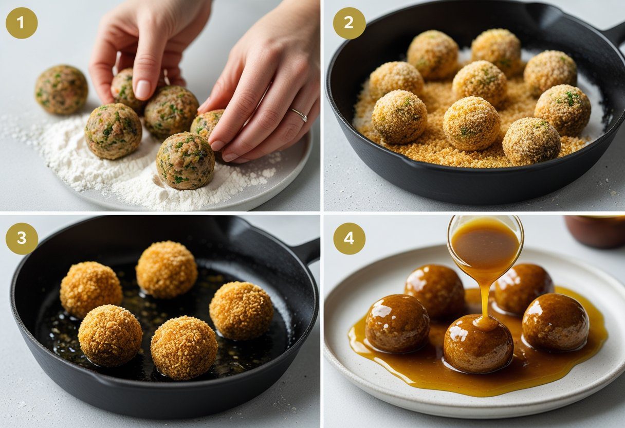 preparation of Quick Haggis Bon Bons Recipe Whisky Sauce Magic – rolling, coating, frying, and serving crispy Scottish haggis appetizers with whisky sauce.”