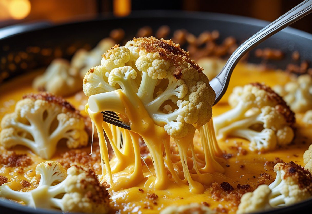 quick oven roasted cauliflower cheese with melted cheddar and crispy breadcrumb topping, showcasing a creamy, golden vegetable bake.