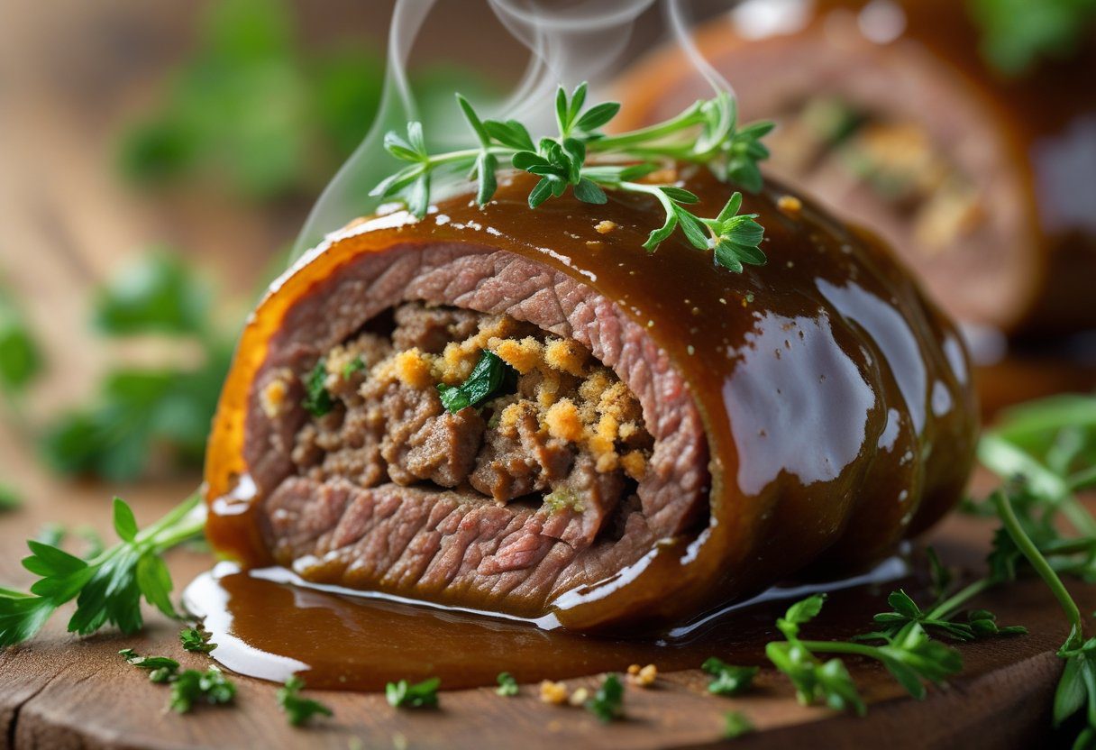 stuffed Beef Olives with juicy sausage and breadcrumb filling smothered in rich brown gravy representing a traditional Scottish classic quick and tasty recipe