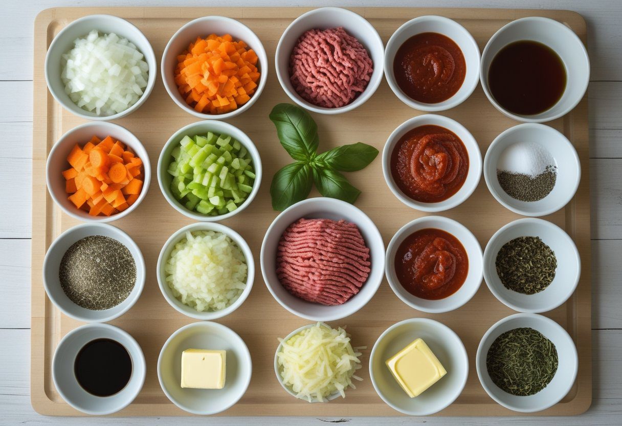 ultimate spaghetti Bolognese easy recipe including ground beef, tomato paste, crushed tomatoes, olive oil, butter, soffritto vegetables, and Italian herbs