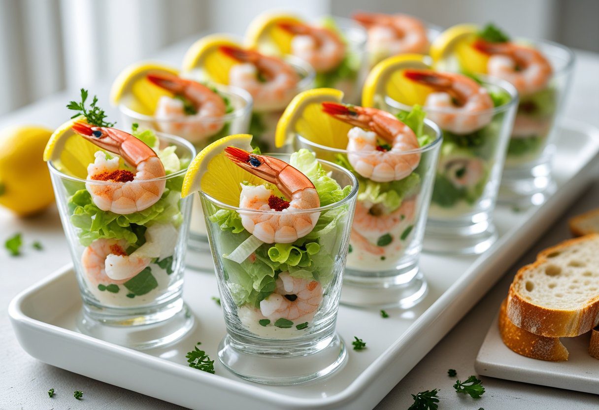 Served prawn cocktail salad with Marie Rose sauce in glasses, garnished with lemon, paprika, and herbs, perfect for impressing guests at a party.