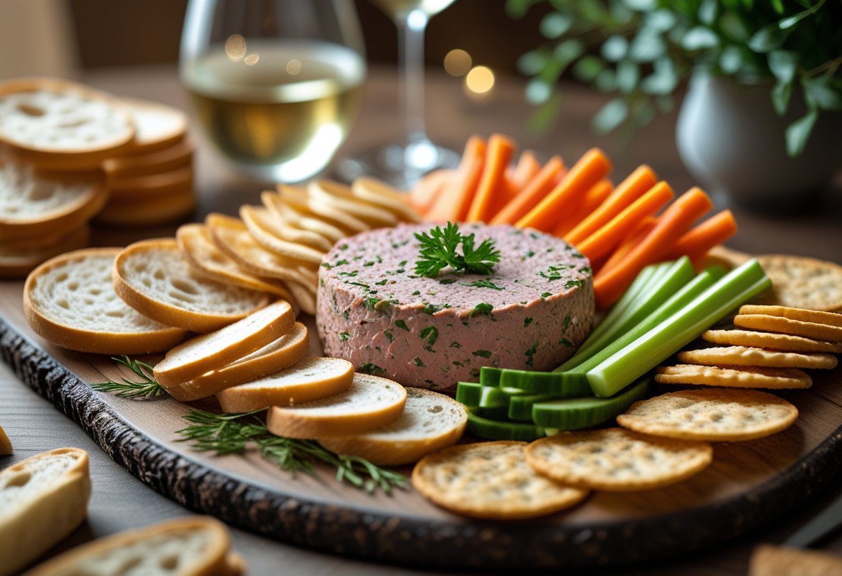 Smoked trout pâté served on an elegant appetizer board with toasted baguette slices, rye crisps, pitta chips, fresh vegetables, perfect for parties and gatherings.