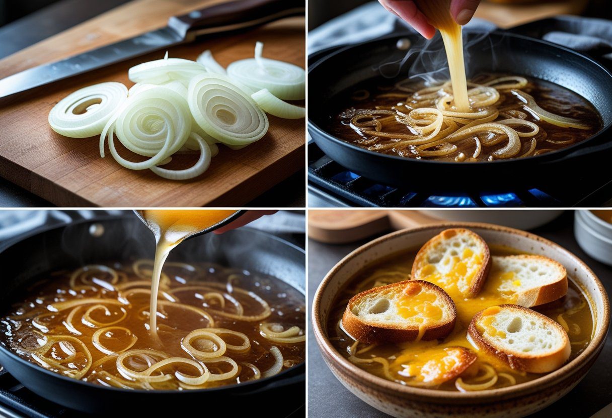 Step-by-step process for Easy French Onion Soup: slicing onions, caramelizing onions, adding broth, and broiled melted cheese topping.”