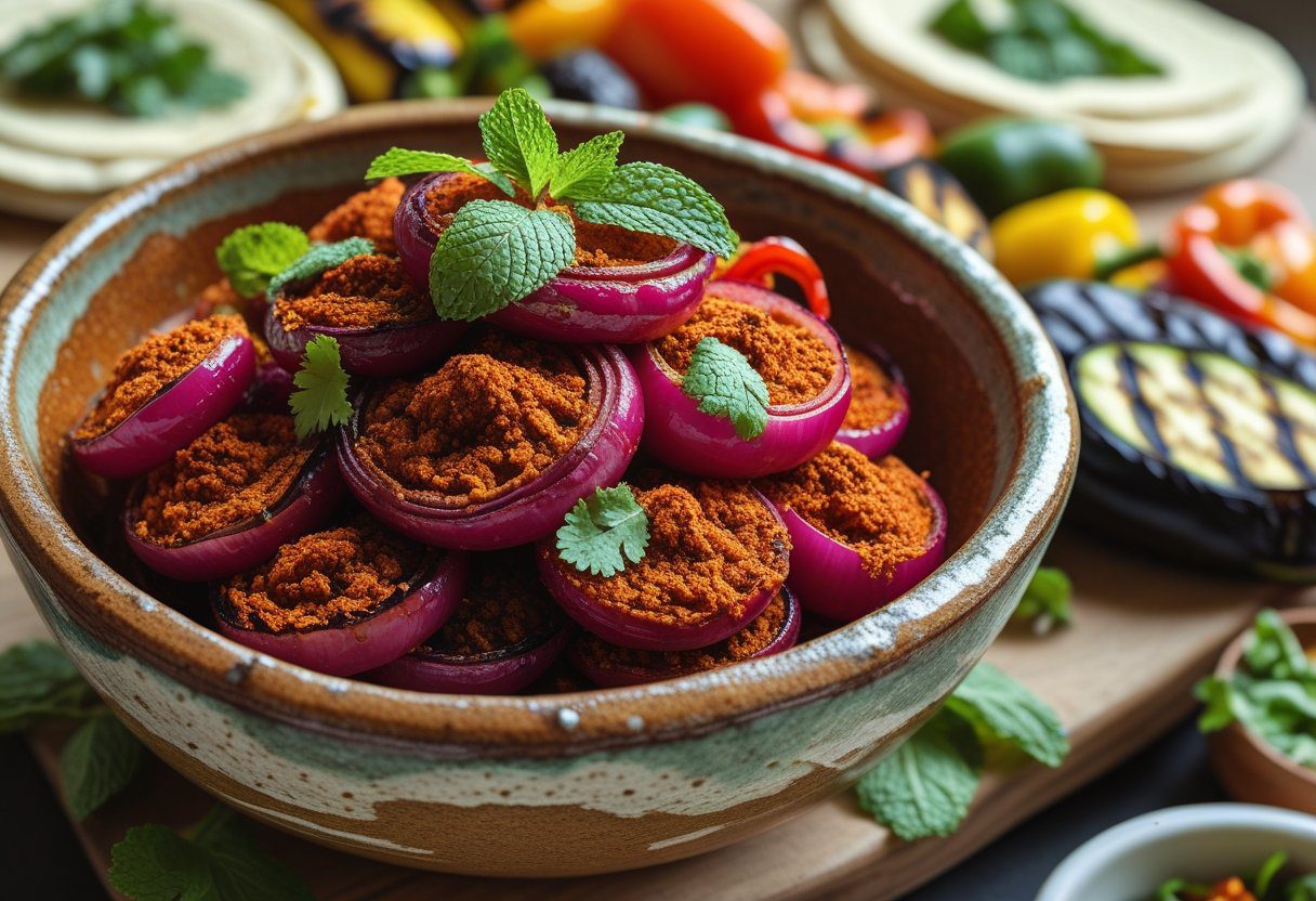 vegan Scottish takeaway spiced onions in a ceramic bowl, garnished with mint and coriander, served alongside vegan wraps and grilled vegetables.