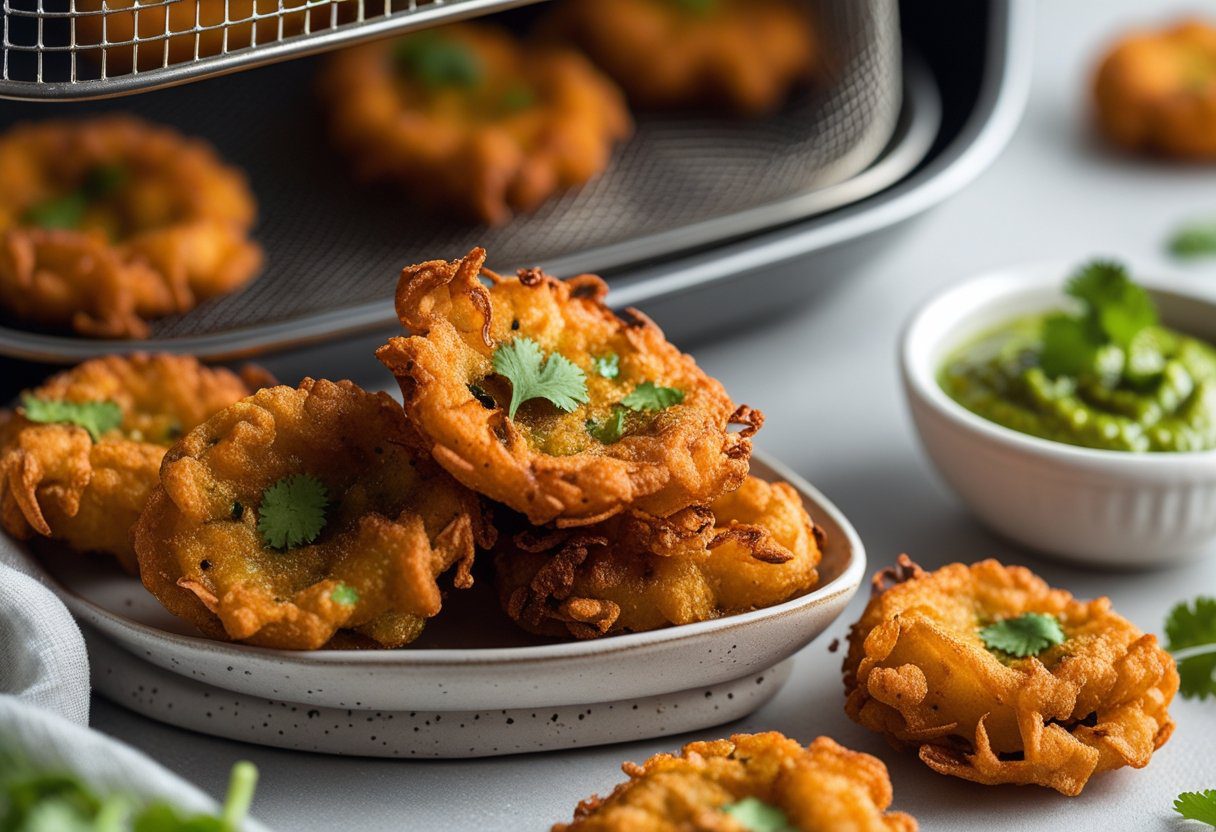 Air-fried vegetable bhajis pakora golden and crispy, served with chutney as a healthy alternative