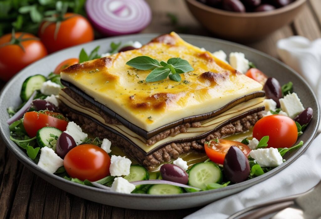 Authentic Greek moussaka recipe with potatoes, golden béchamel topping, roasted eggplant layers, and rich lamb meat sauce, served with fresh Greek salad