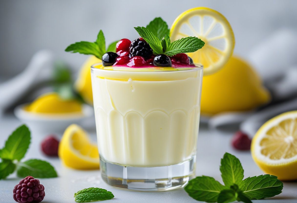 Berry-topped Mary Berry lemon posset easy recipe, creamy citrus dessert with mixed berries and mint garnish, no-bake British treat