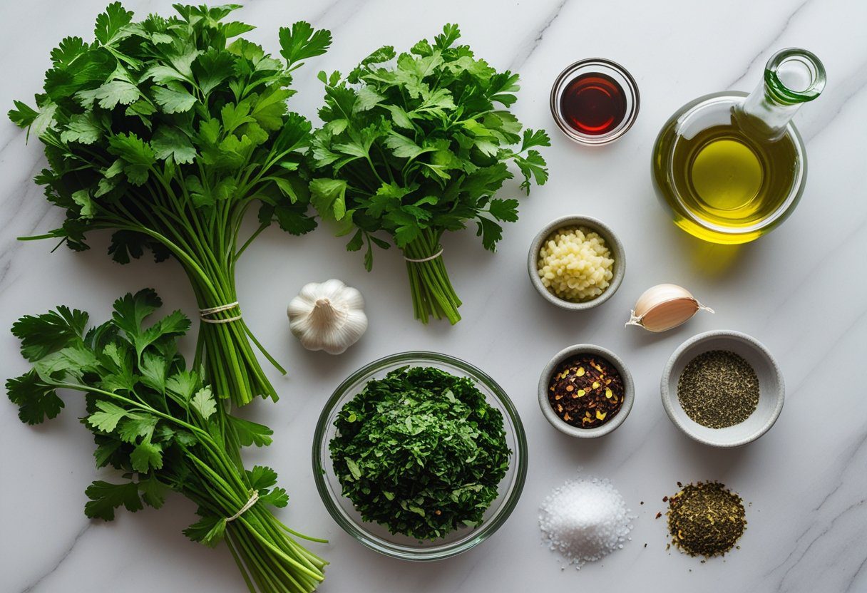 Chimichurri ingredients including fresh cilantro, parsley, garlic, olive oil, red wine vinegar, oregano, and red pepper flakes laid out for preparation