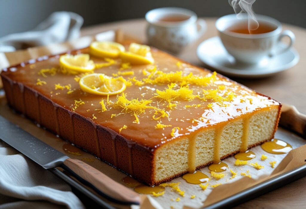Classic Mary Berry lemon drizzle traybake with golden sponge and sugar glaze, garnished with lemon zest, served as a moist afternoon tea dessert