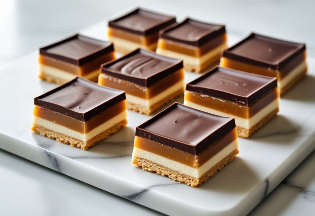 Close-up of Mary Berry Millionaire Shortbread easy recipe showing golden shortbread base, rich caramel layer, and glossy chocolate topping cut into squares, perfect homemade dessert.