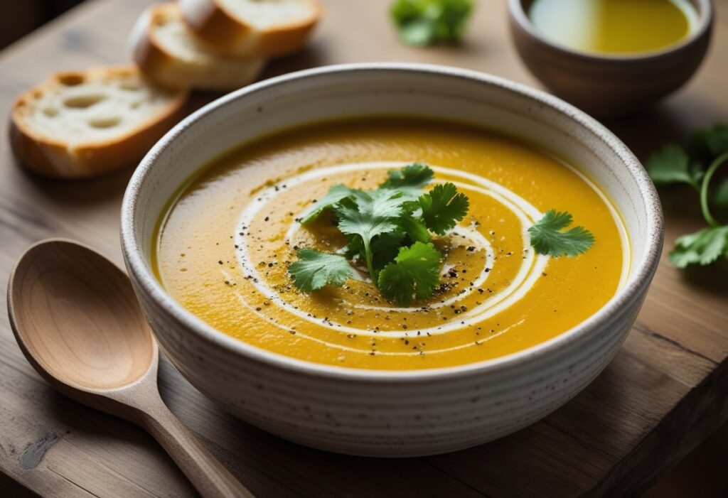 Creamy lazy carrot and coriander soup garnished with fresh coriander and olive oil in a rustic bowl, served with crusty bread – healthy comfort meal in 10 minutes.